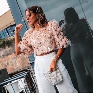 NWOT ZARA Gold Sequin Feathered Crop Top Balloon Sleeves Size L
